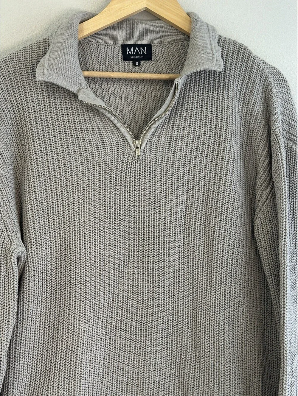 MAN BoohooMan Ribbed Quarter Zip Funnel Neck Sweater Men’s SMALL 100% Cotton